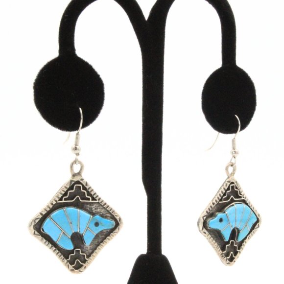 Stamped Derrick Cadman Navajo Sterling Silver Bear Inlaid Turquoise Necklace Set - Picture 5 of 11